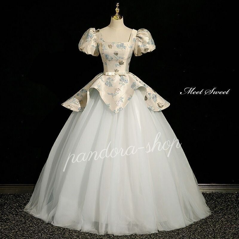 カラードレス プリンセスライン シャンパン 花柄 パフスリーブ ロングドレス ウェディングドレス 結婚式 二次会 花嫁 前撮り 発表会 ステージ衣装 ウエディングドレス パーティードレス ブライダル