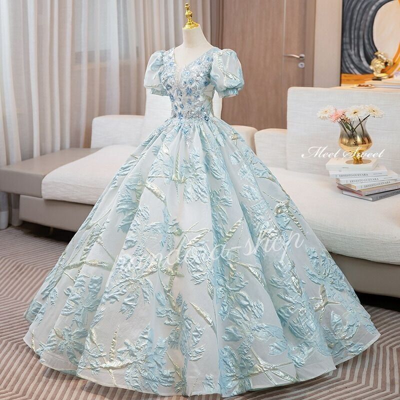 カラードレス プリンセスライン 青 ブルー パフスリーブ 半袖 上品 ロングドレス ウェディングドレス 結婚式 二次会 花嫁 前撮り 発表会 ステージ衣装 ウエディングドレス パーティードレス ブライダル イブニングドレス コンサート コンクール