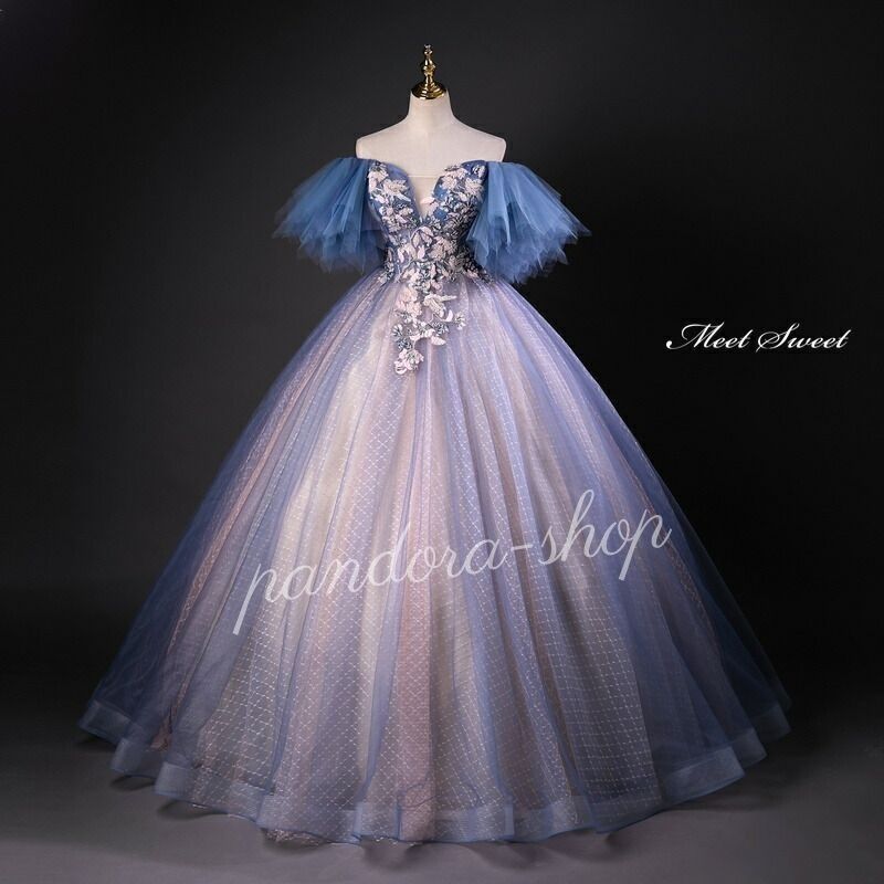 カラードレス プリンセスライン ロングドレス ブルー オフショルダー フリル袖 ウェディングドレス 結婚式 二次会 花嫁 前撮り 発表会 ステージ衣装 ウエディングドレス パーティードレス ブライダル