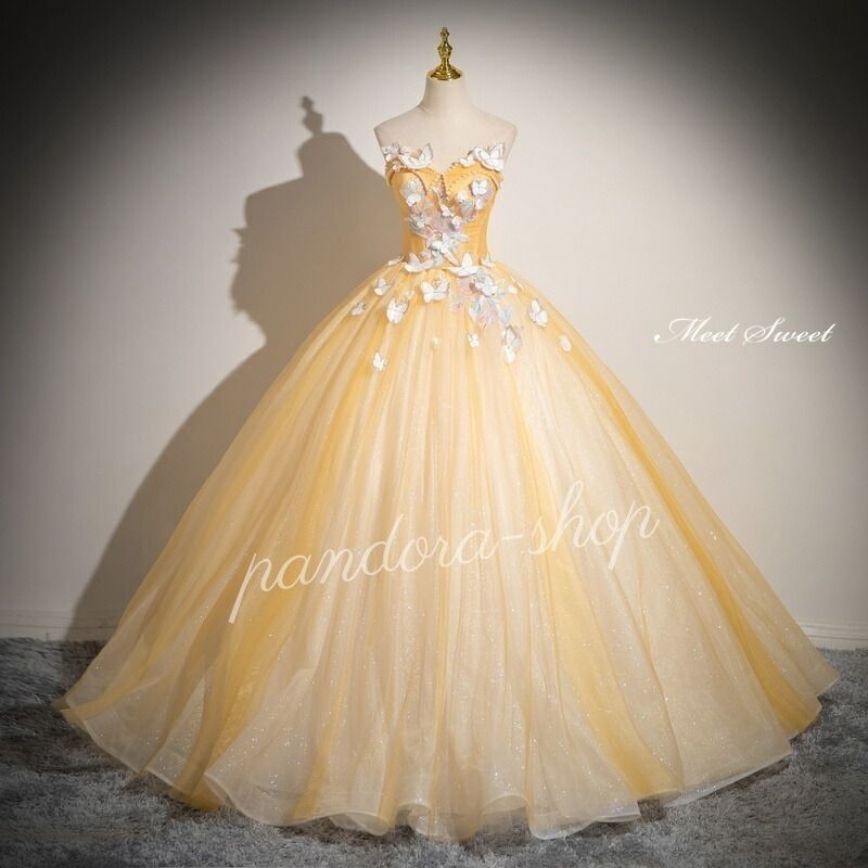 カラードレス プリンセスライン イエロー ベアトップ 蝶 袖なし ロングドレス ウェディングドレス 結婚式 二次会 花嫁 前撮り 発表会 ステージ衣装 ウエディングドレス パーティードレス ブライダル イブニングドレス コンサート コンクール 17,571円