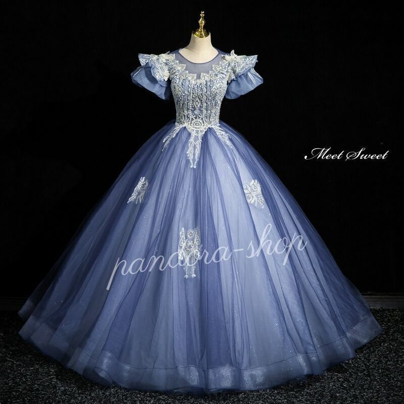 カラードレス プリンセスライン ブルー 半袖 バックレス 編み上げ ロングドレス ウェディングドレス 結婚式 二次会 花嫁 前撮り 発表会 ステージ衣装 ウエディングドレス パーティードレス ブライダル 25,041円