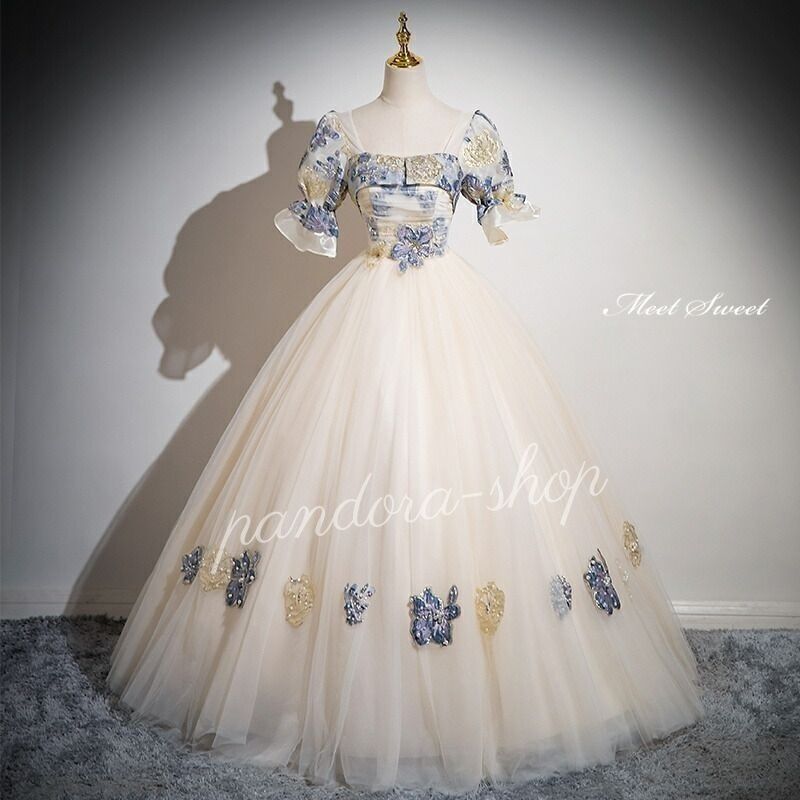 カラードレス プリンセスライン ロングドレス シャンパン パフスリーブ 花柄 ウェディングドレス 結婚式 二次会 花嫁 前撮り 発表会 ステージ衣装 ウエディングドレス パーティードレス ブライダル 26,601円