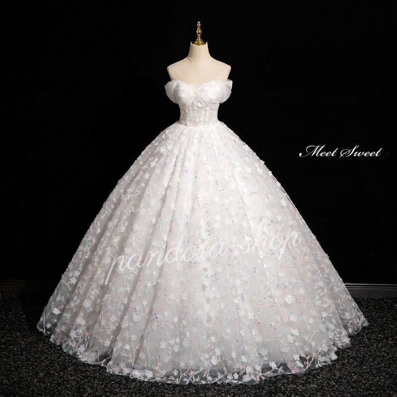 カラードレス プリンセスライン ロングドレス ホワイト オフショルダー 花柄 ウェディングドレス 結婚式 二次会 花嫁 前撮り 発表会 ステージ衣装