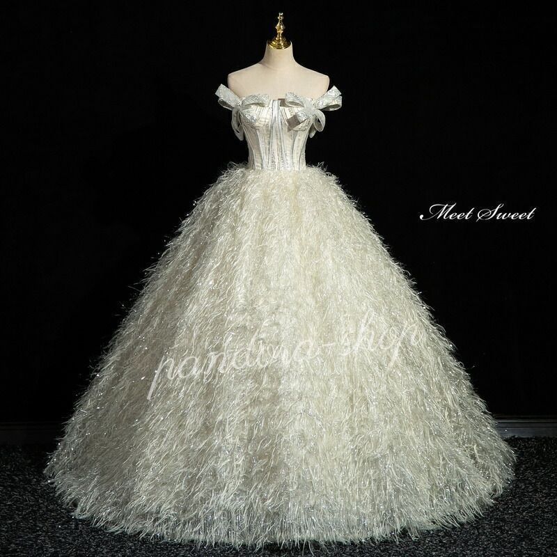 カラードレス プリンセスライン ロングドレス シルバー フェザー オフショルダー ウェディングドレス 結婚式 二次会 花嫁 前撮り 発表会 ステージ衣装 ウエディングドレス パーティードレス ブライダル