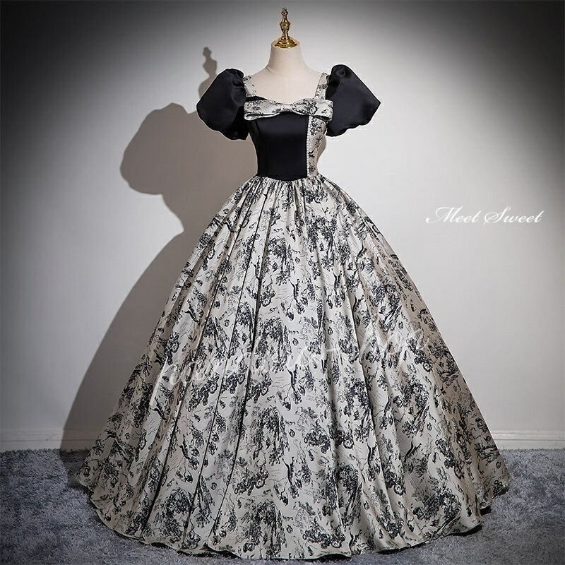 カラードレス プリンセスライン ブラック パフスリーブ 花柄 黒 ロングドレス ウェディングドレス 結婚式 二次会 花嫁 前撮り 発表会 ステージ衣装 20,147円