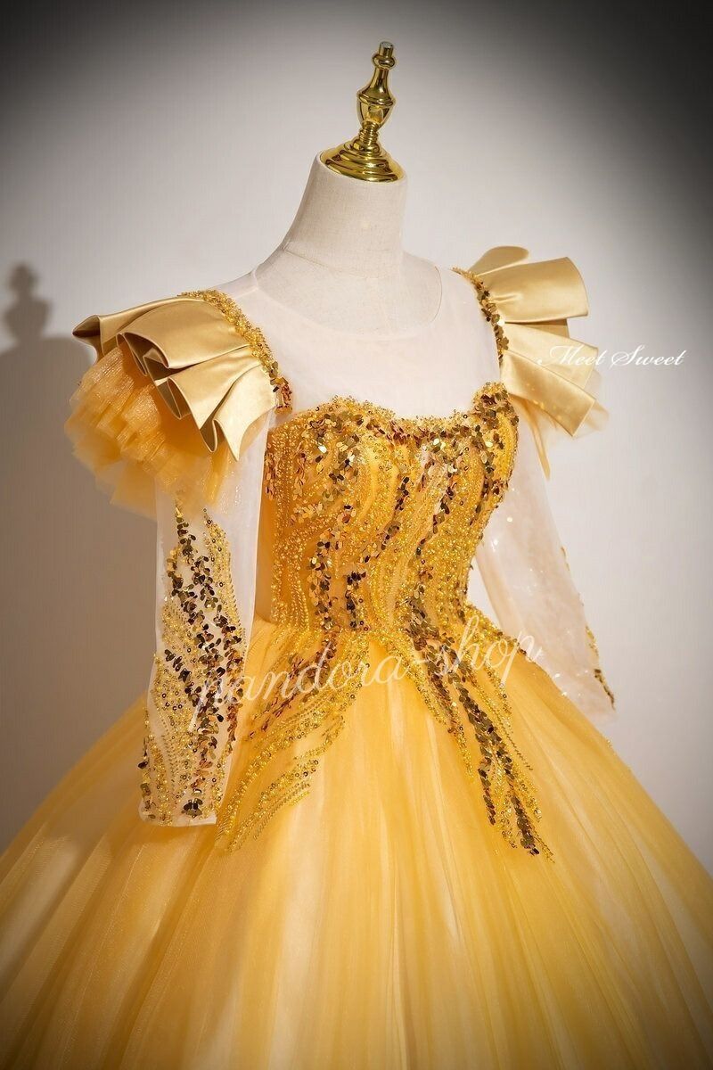 カラードレス プリンセスライン ゴールド 長袖 プロムドレス フリル ロングドレス ウェディングドレス 結婚式 二次会 前撮り 発表会 ステージ衣装 ウエディングドレス パーティードレス ブライダル