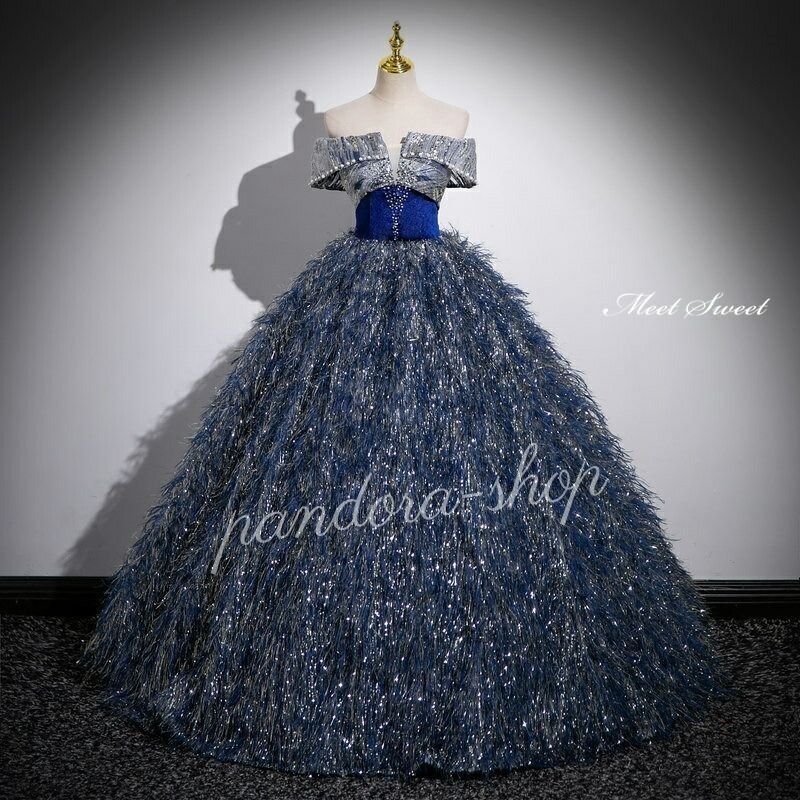 カラードレス プリンセスライン ロングドレス ブルー オフショルダー フェザー風 青 ウェディングドレス 結婚式 二次会 花嫁 前撮り 発表会 ステージ衣装 ウエディングドレス パーティードレス ブライダル イブニングドレス コンサート コンクール 25,841円