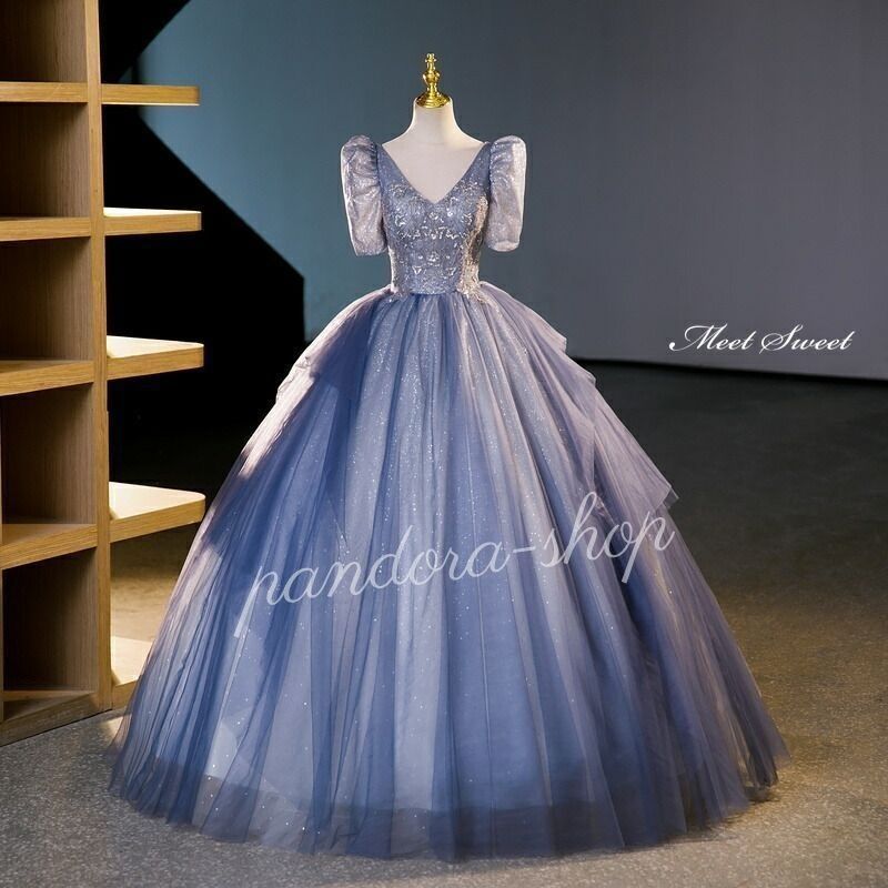 カラードレス プリンセスライン ブルー 青 半袖 Vネック 編み上げ ロングドレス ウェディングドレス 結婚式 二次会 花嫁 前撮り 発表会 ステージ衣装 ウエディングドレス パーティードレス ブライダル 13,489円