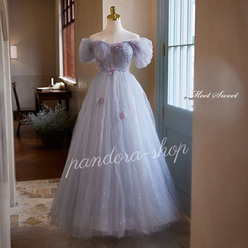 カラードレス パープル 紫 プリンセスライン オフショルダー 花モチーフ ロング ウェディングドレス 結婚式 二次会 花嫁 前撮り 発表会 ステージ衣装 イブニングドレス