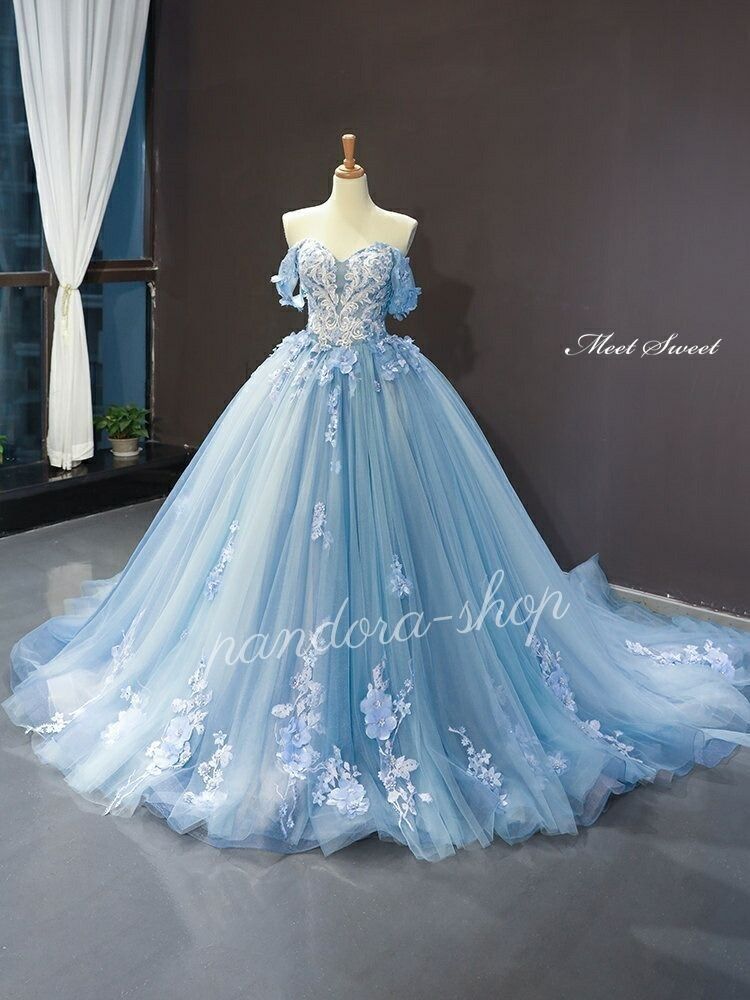 カラードレス プリンセスライン ブルー オフショルダー 花 刺繍 ロングドレス ウェディングドレス 結婚式 二次会 花嫁 前撮り 発表会 ステージ衣装 ウエディングドレス パーティードレス ブライダル 大人 舞台 演出