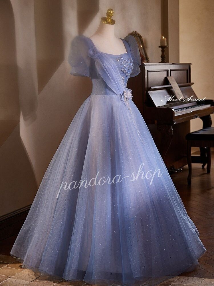 カラードレス ブルー プリンセスライン パフスリーブ 半袖 ロング ウェディングドレス 結婚式 二次会 花嫁 前撮り 発表会 ステージ衣装 イブニングドレス