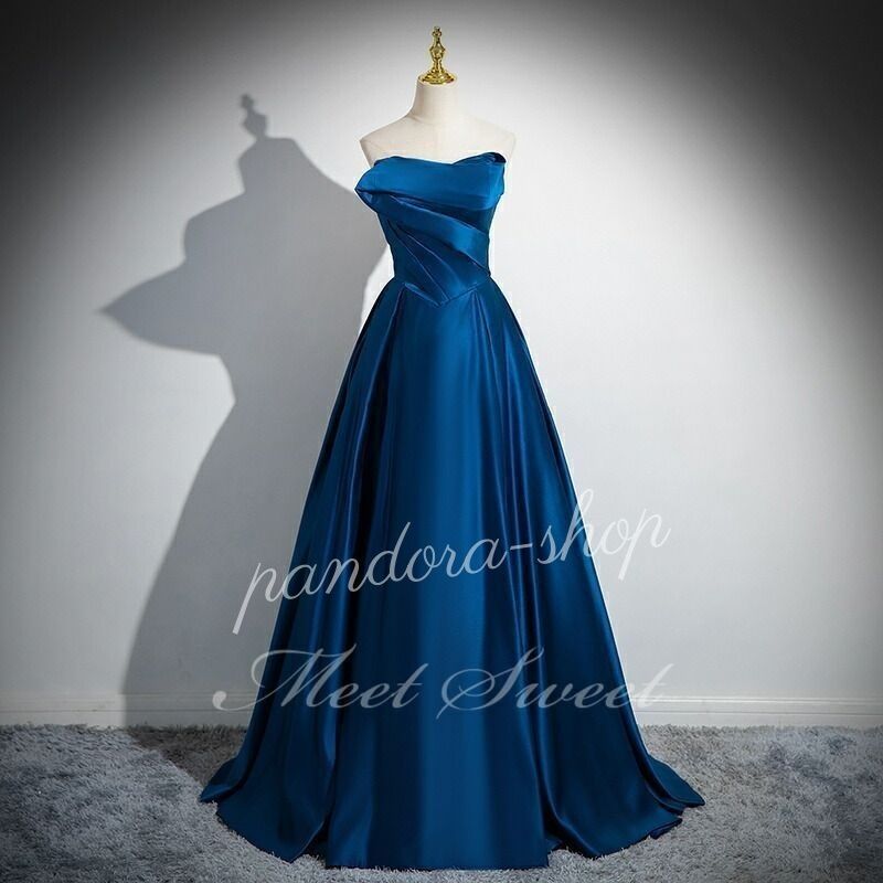 カラードレス プリンセスライン ブルー 青 ベアトップ サテン ロングドレス ウェディングドレス 結婚式 二次会 花嫁 前撮り 発表会 ステージ衣装 ウエディングドレス パーティードレス ブライダル 演出 イブニングドレス コンサート コンクール