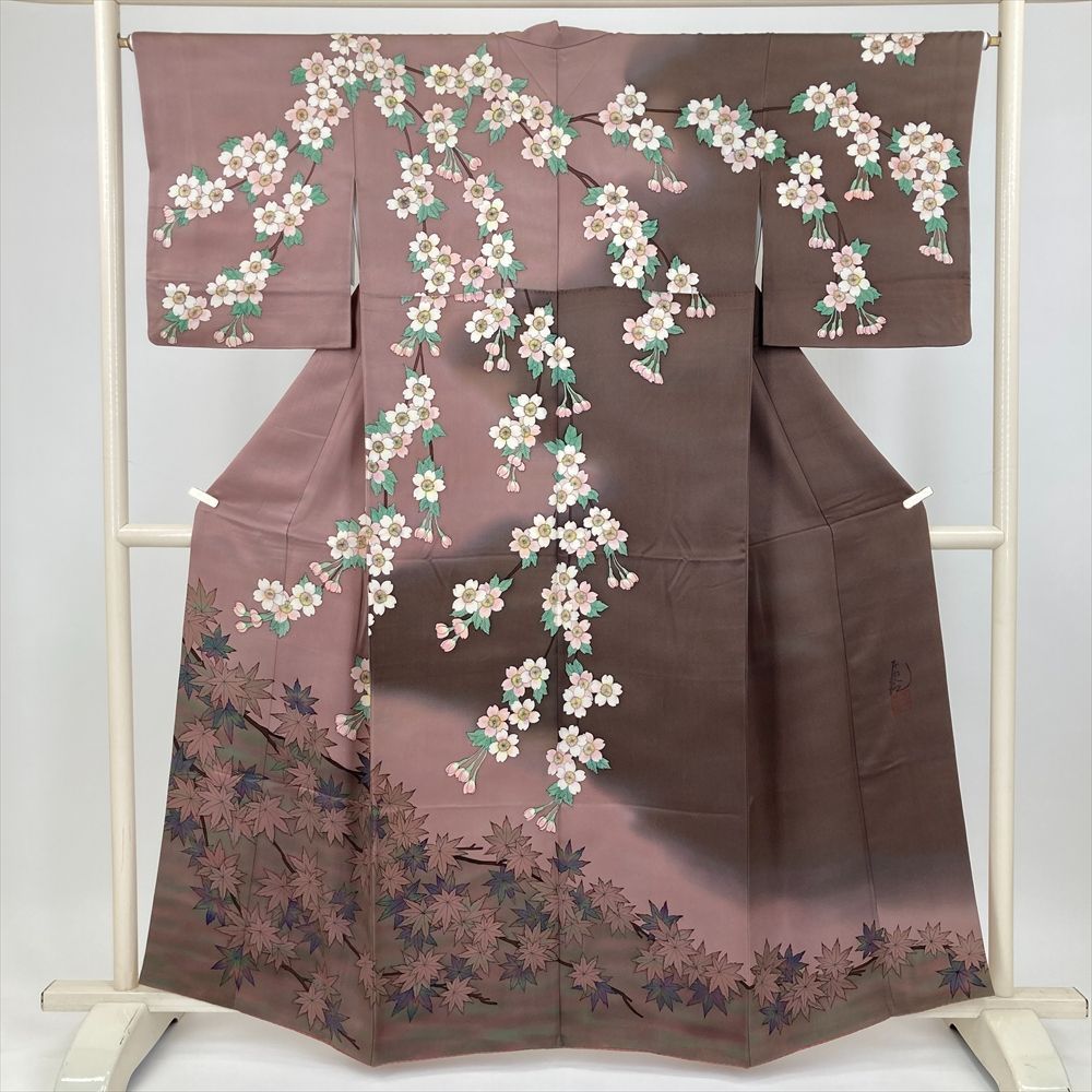 たんす屋 TANSU-YA 着物 訪問着 茶 フォーマル セミフォーマル 紅葉 桜 袷 絹 未洗い 【身丈】155cm【裄丈】65cm 7650004389408 35,750円