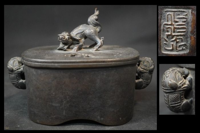 銅器　象耳　獅子香炉　唐物　中国美術　在銘　