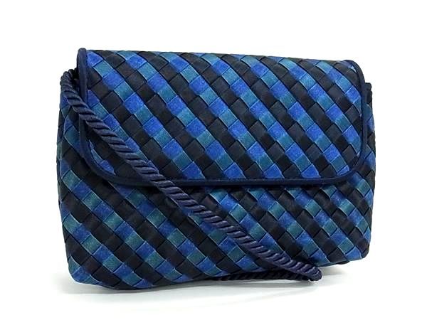 ■極美品■ BOTTEGA VENETA ボッテガヴェネタ イントレチャート サテン ショルダーバッグ 斜め掛け レディース ブルー系 FY3347
