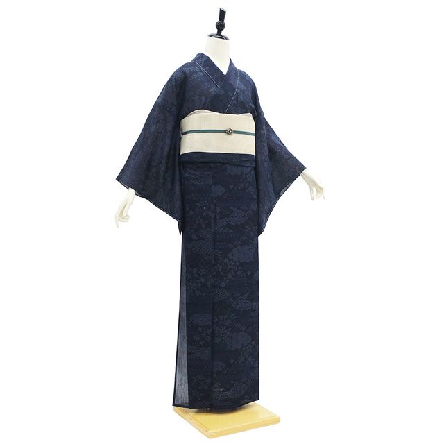 ちっち⭐︎美品！【単衣 夏結城】結城紬 真綿紬 麻 藍染 十字絣 紺色 民藝 新古品】 夏結城 夏物 着物 未使用 単衣 正絹 十日町 100亀甲 黒 紺 エ