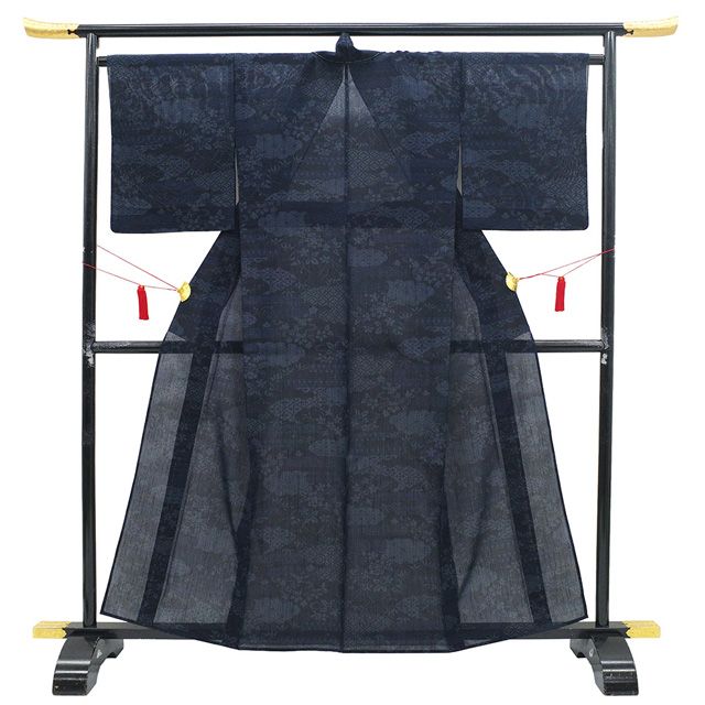 新古品】 夏結城 夏物 着物 未使用 単衣 正絹 十日町 100亀甲 黒 紺 エ