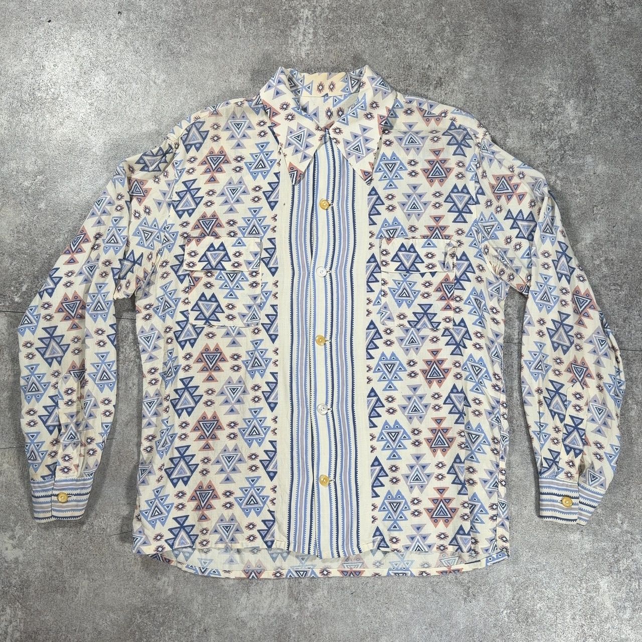 40's～ unknown コットン開襟シャツ ロングポイント ヴィンテージシャツ 長袖シャツ vintage 総柄 幾何学模様 25,415円
