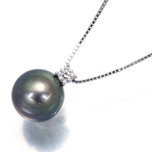 TASAKI タサキ ネックレス ブラック パール 真珠 10.2mm ダイヤ ダイヤモンド 0.09ct 一粒 K18WG #198952