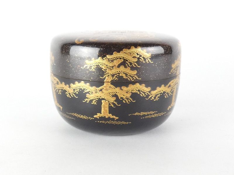 黒塗 松に御所車蒔絵 平棗 木製 茶道具 /a168(tn6)