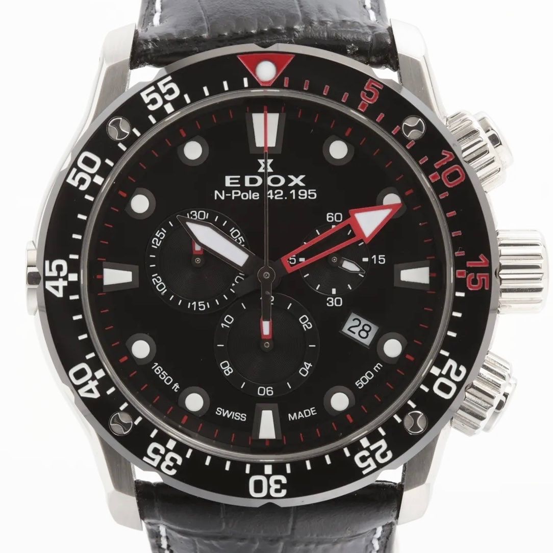 【美品・希少】腕時計 メンズ エドックス EDOX クロノオフショア1 ノースポール 42.195 リミテッドエディション 10221-3NP18-NNP18 世界限定300本 クォーツ 黒 クロノグラフ デイト表示 革ベルト 56,650円