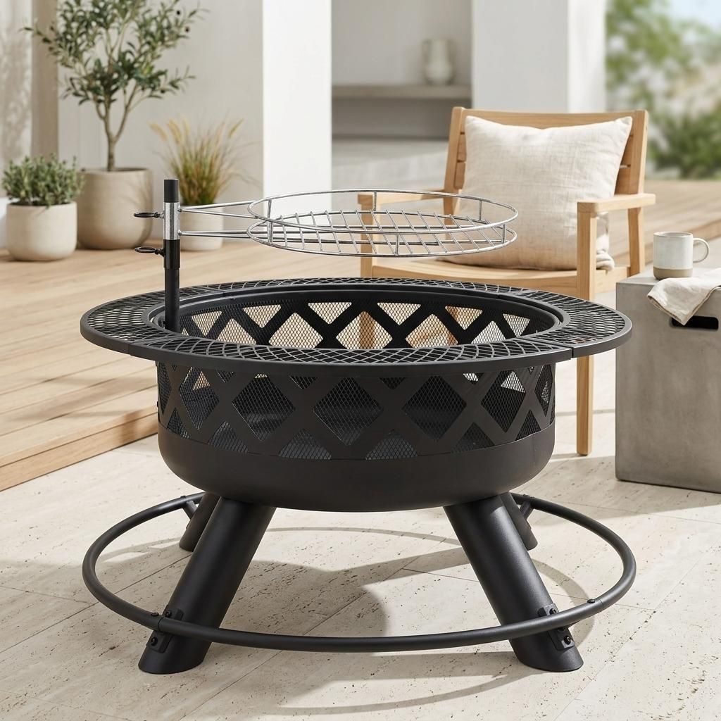 焚き火台 ファイヤーピット BBQコンロ 大型 二次燃焼 焼き網40×40cm 高さ調整 テーブル一体型 スチール ブラック 81.5×69cm 庭 キャンプ 屋外 組立品 通気口 安定脚 火かき棒付 パウダー塗装
