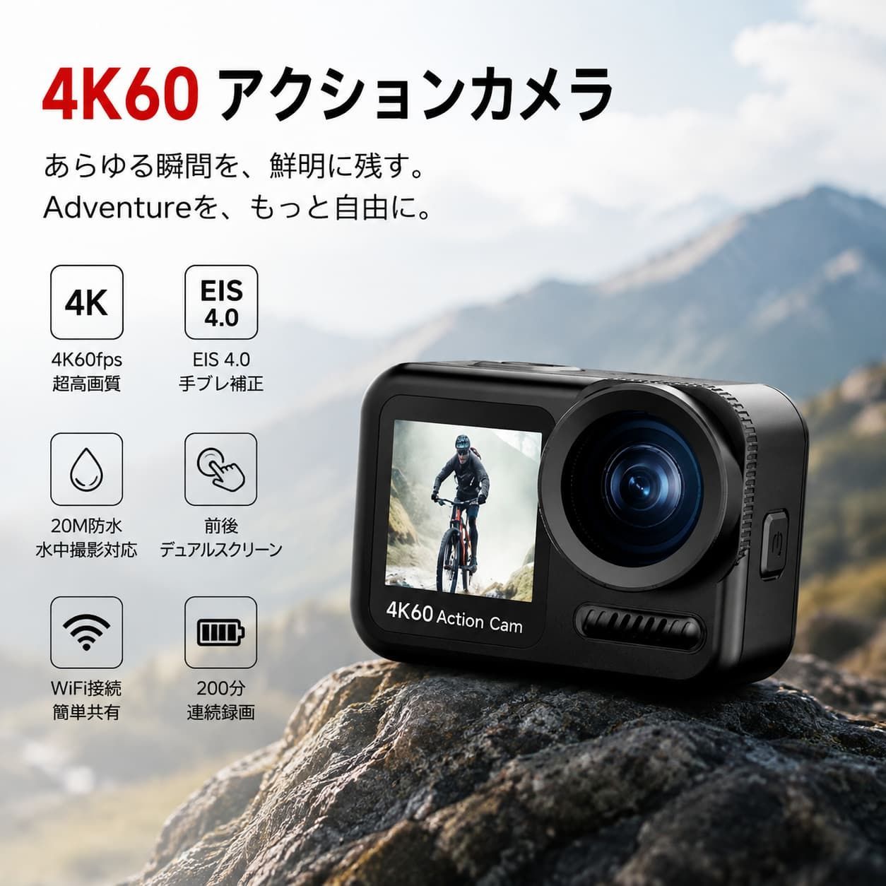 アクションカメラ 4K60FPS 高画質 IMX376センサー 2000万画素 EIS4.0手ブレ補正 150°超広角レンズ 前後デュアルスクリーン タッチ操作対応 20m防水 WiFi接続 長時間録画 32GBカード付き 予備バッテリー2個 自転車 バイク