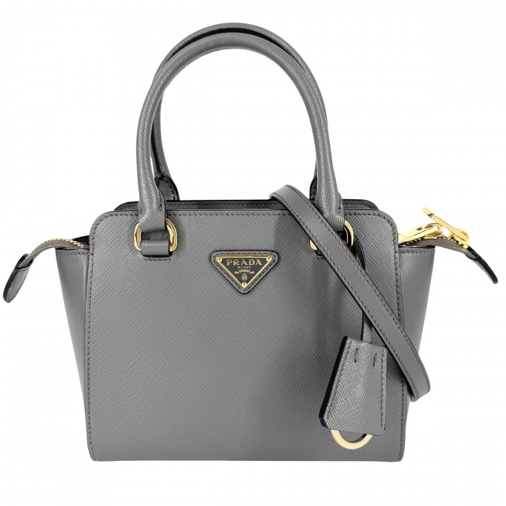 プラダ 2WAY レディース トライアングルロゴ ハンドバッグ ショルダーバッグ 肩掛け 斜め掛け PRADA 1BA380 レザー グレー ゴールド金具 美品【中古品】