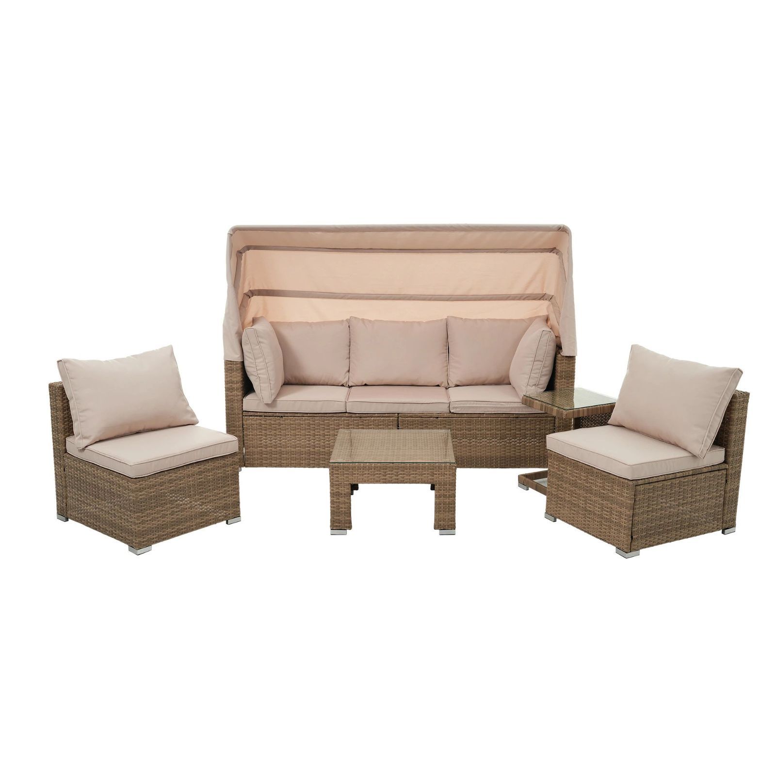 【元SKU：WF301002】パラソル付き ガーデンファニチャー 5点 ガーデン テーブル チェアー ラタン調 テーブル 家具 樹脂 楽組 ホテル カ 45,000円