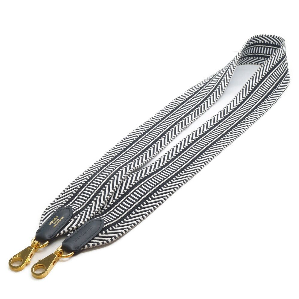 【栄】エルメス ショルダーストラップ バンドリエール 黒 ブラック 白 ホワイト キャンバス ゴールド金具 約113cm Y刻印 2020年製造 小物 その他 箱