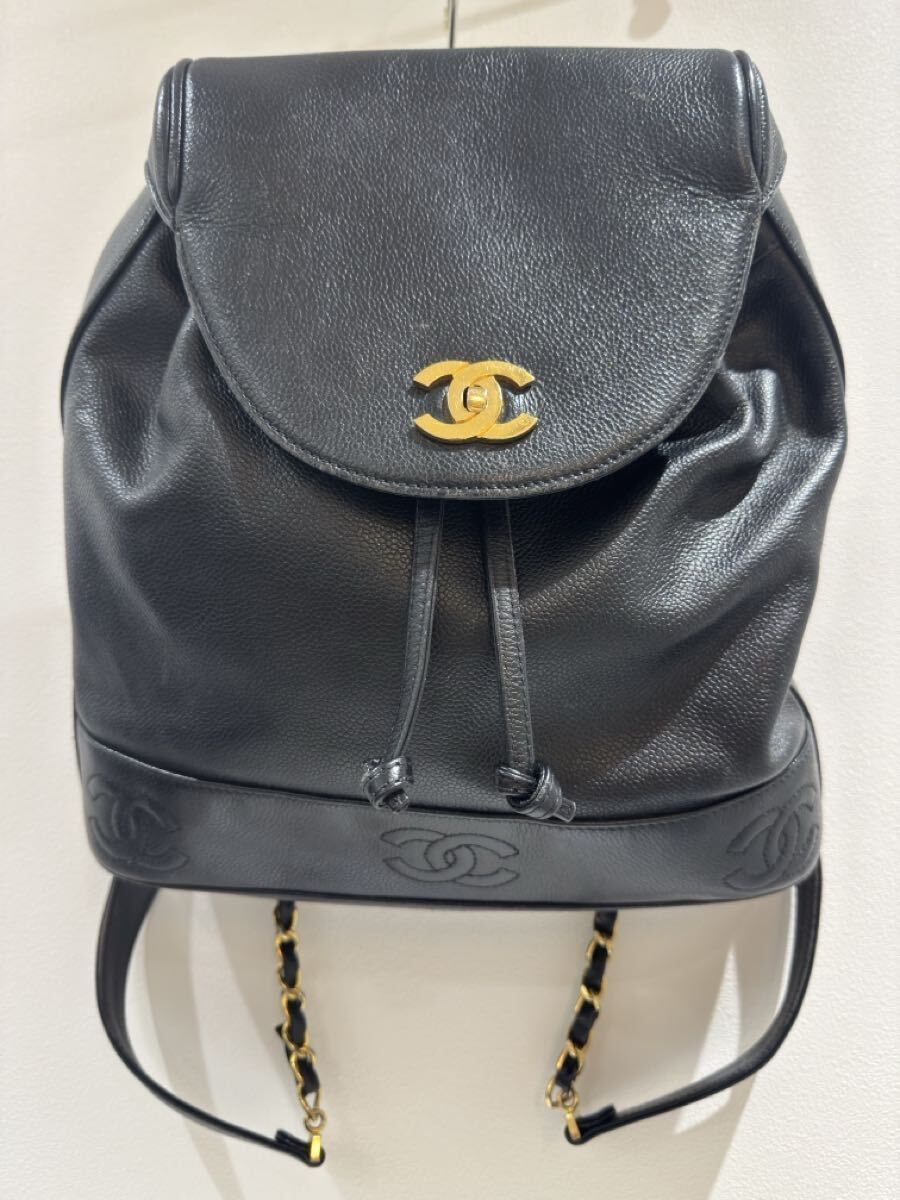 CHANEL シャネル トリプルココ リュックサック バックパック 巾着型 黒 ゴールド金具 キャビアスキン 傷あり　S2007