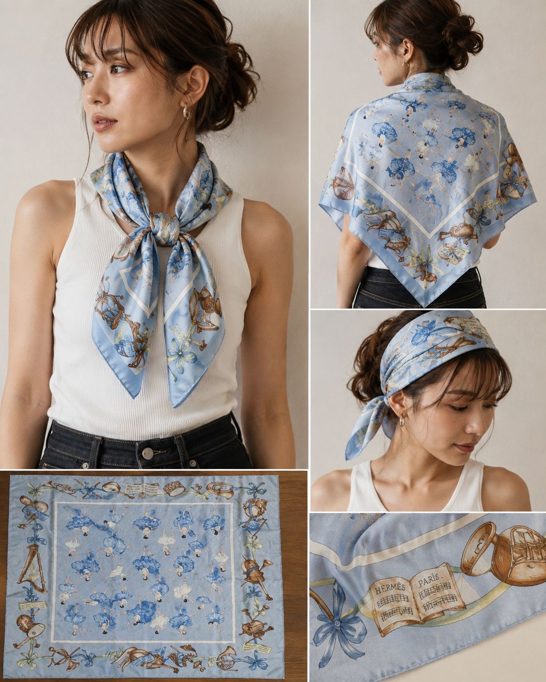 Vintage 90s HERMÈS Paris La Danse Ballet Dancers Musical Instruments Silk Scarf Blue Made in France