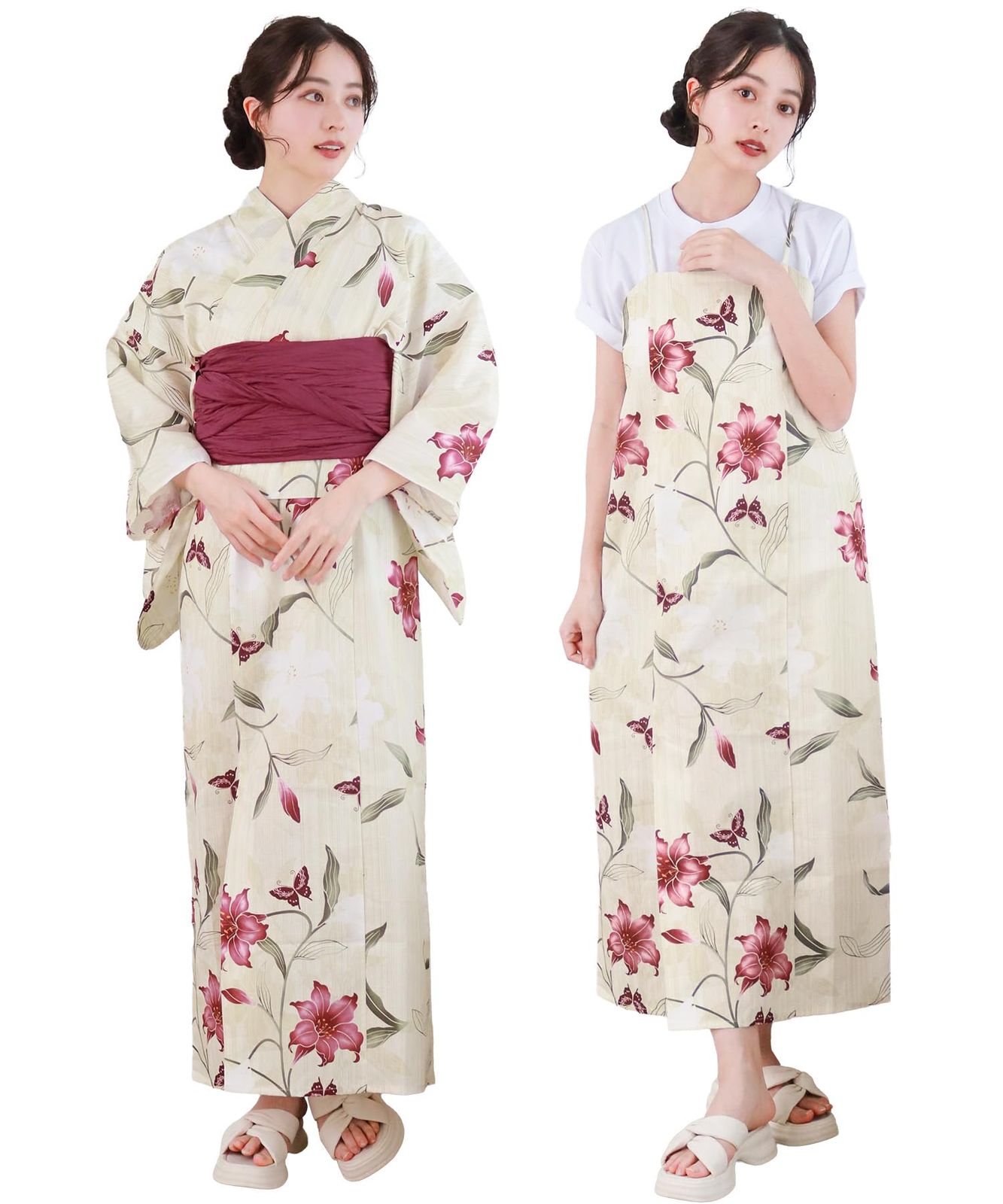 [KYOETSU] [キョウエツ] 浴衣セット 変わり織 生成り ワンピース 2点セット(浴衣、兵児帯) レディース A (緋百合の蝶あそび, フリーサイズ)