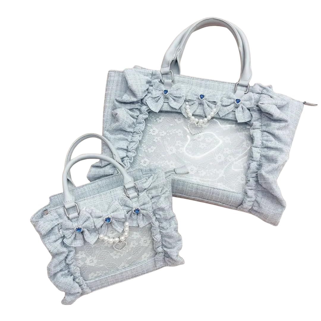 [Jan ?toile] 痛バッグ 総レース リボン パール フリル フェミニン ハンドバッグ 推し活 レディース 大容量 ショルダーバッグ 透明 クリア おしゃれ オシャレ 可愛い かわいい (水色, Lサイズ)
