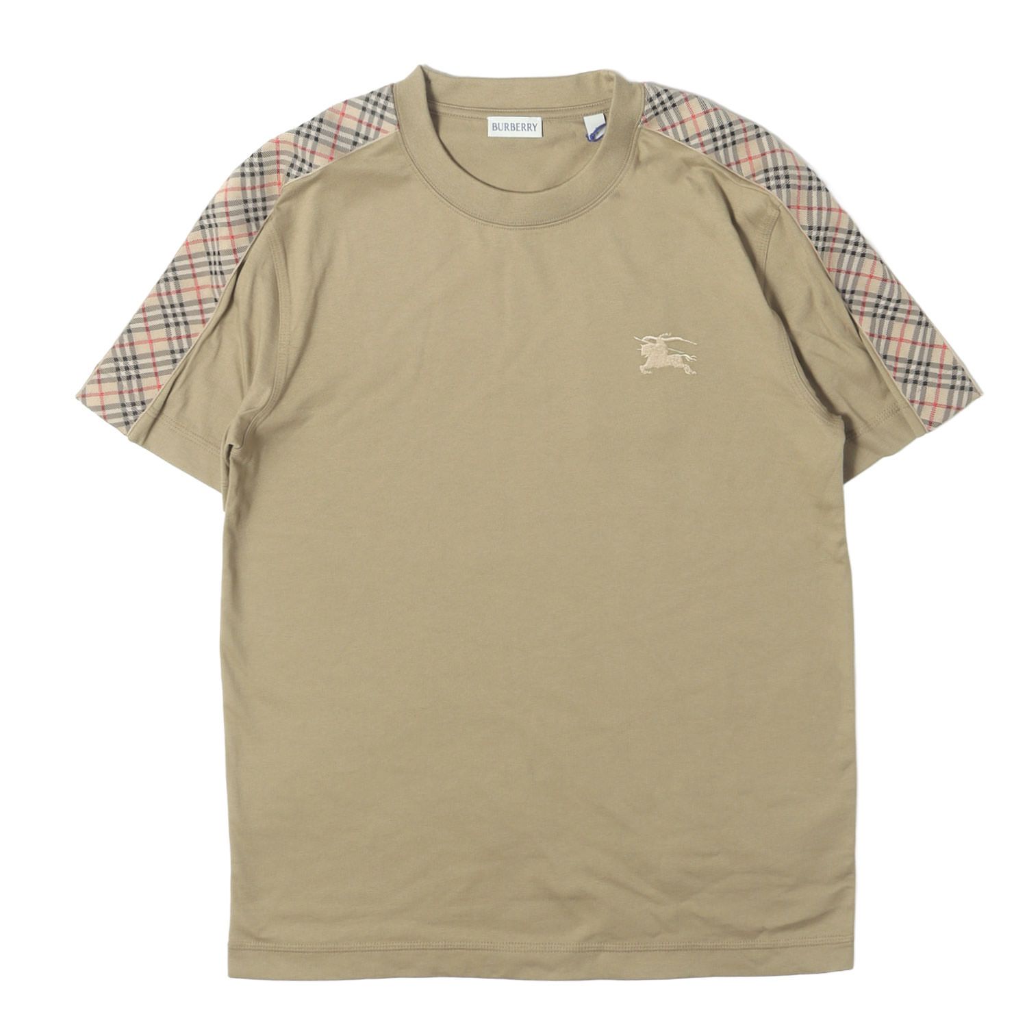 【新品】BURBERRY バーバリー Tシャツ スパローベージュ サイズ:S 26SS 現行タグ ホースマーク刺繍 チェック切替スリーブ Tシャツ Check Trim Cotton T-shirt トップス カットソー 半袖【メンズ】