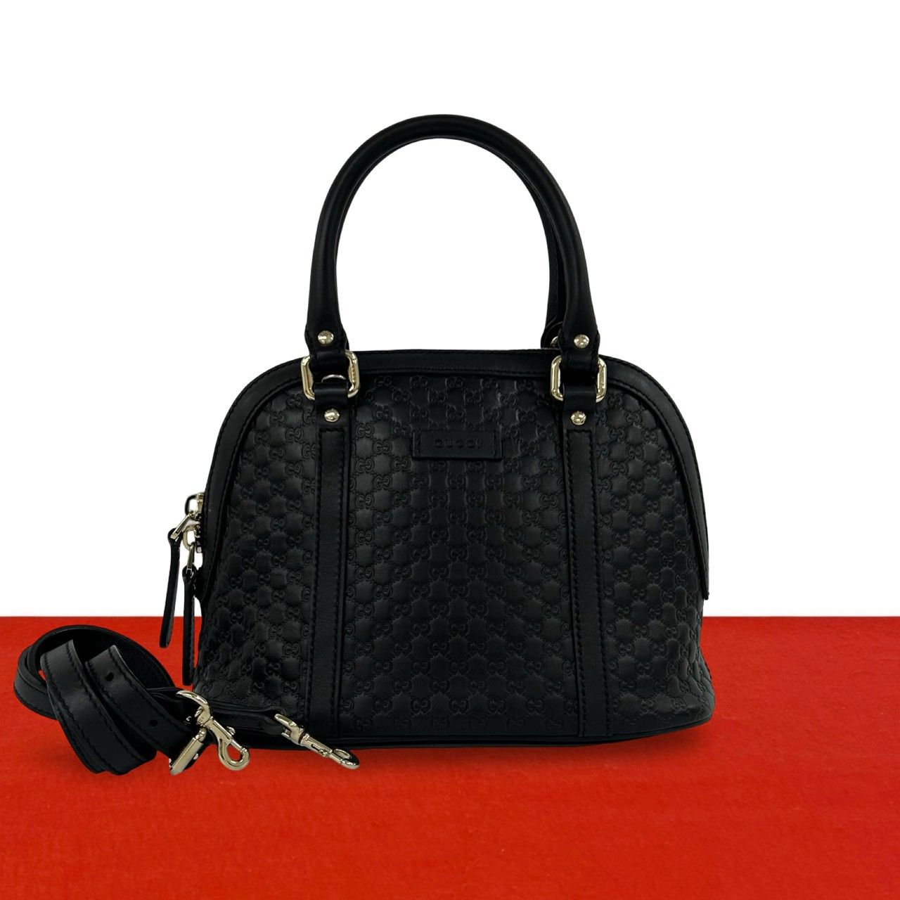 極 美品 GUCCI グッチ マイクロ グッチシマ レザー 本革 2way ハンドバッグ ショルダーバッグ ミニ ボストンバッグ ブラック 803-3