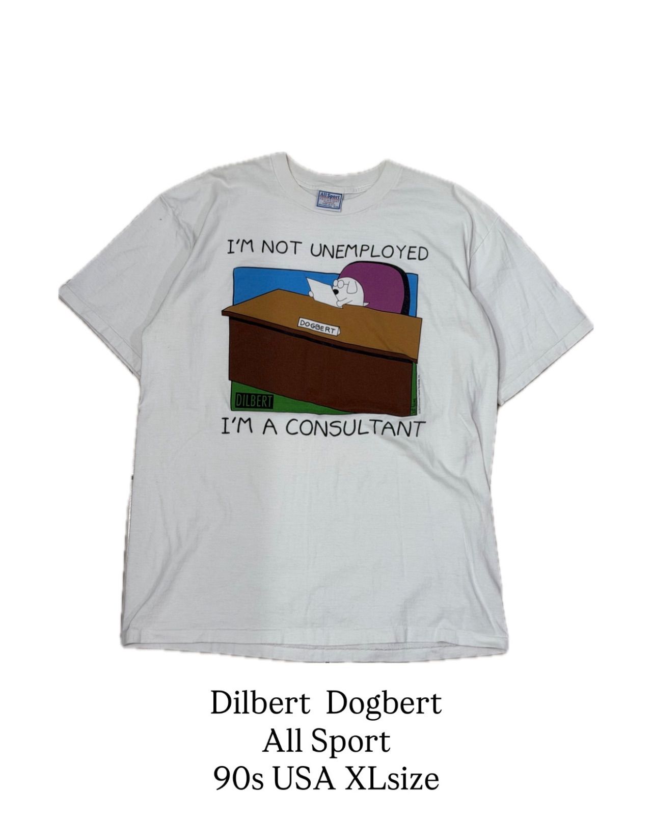 【 90’s USA製 / Dilbert T-Shirt 】All Sport　ディルバート　ドッグバート　スコットアダムズ　キャラクターTシャツ　XLサイズ　ホワイト
