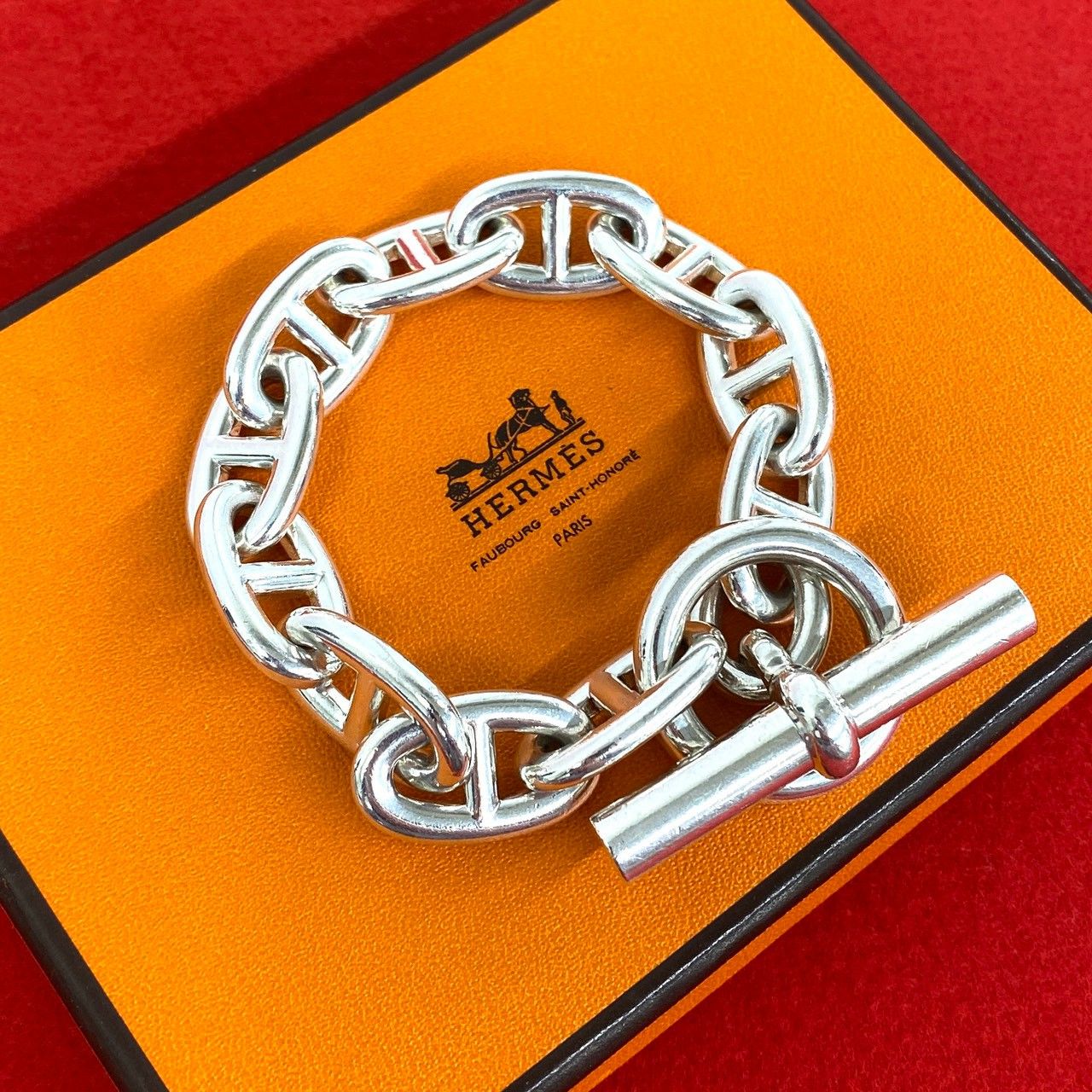極 美品 箱付き HERMES エルメス シェーヌダンクル MM 16コマ ブレスレット シルバー925 アクセサリー シルバー 30001