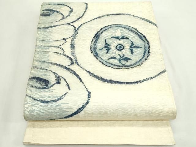 平和屋着物＊夏物　太鼓柄袋帯　すくい織　藍　花絵皿文　銀糸　正絹　逸品　CABK7072rv