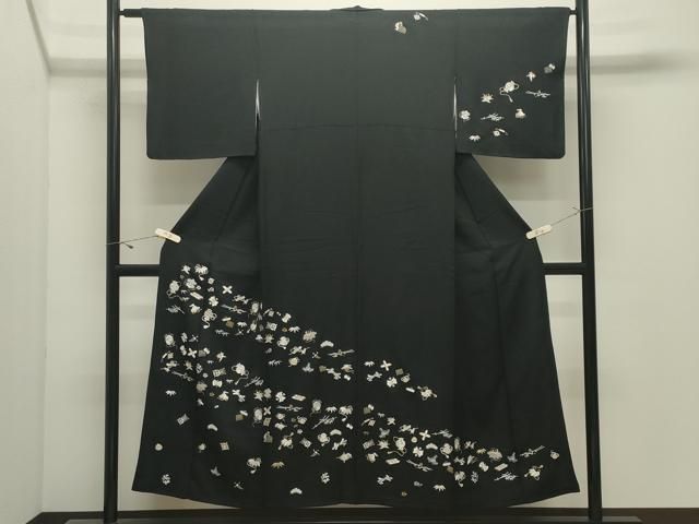 平和屋着物●訪問着 総刺繍 宝尽くし文 黒地 金糸 正絹 逸品 CABK2251gh
