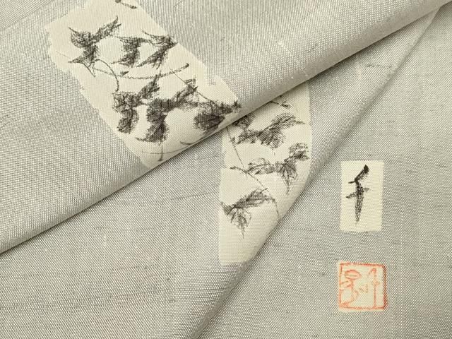 平和屋着物▽上質な紬　単衣　作家物　手描き　短冊蔦の葉文　正絹　逸品　DABH4661du