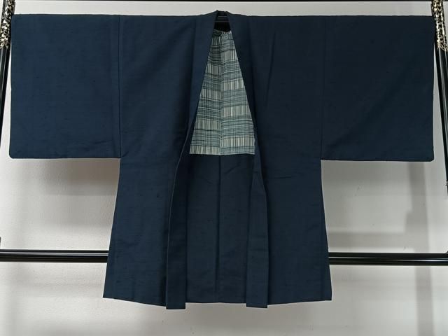 平和屋着物＃男性　長羽織　髭紬　鉄紺色　正絹　逸品　CABI9340ua
