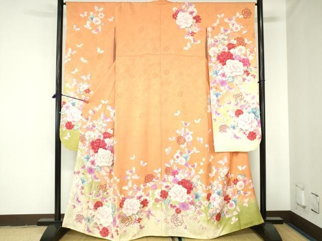 平和屋着物●豪華振袖　駒刺繍　舞蝶花文　牡丹　暈し染め　金銀彩　正絹　逸品　DABH0401op