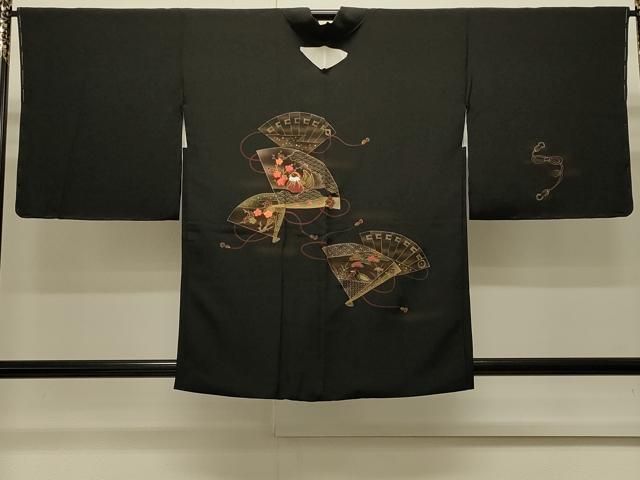 平和屋着物∞羽織　刺繍　扇面花鳥文　黒地　金彩　正絹　逸品　未使用　CABI6238in