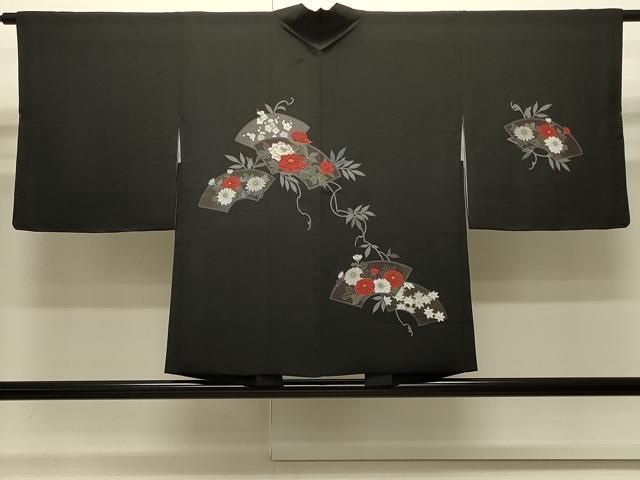 平和屋着物∞羽織　地紙草花文　黒地　正絹　逸品　CABI6242in