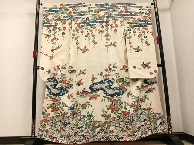 平和屋着物●豪華振袖　型染め　花鳥文　正絹　逸品　AABK0233ph