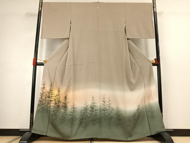 平和屋着物●日本画家　水嶋征夫　色留袖　手描き　樹林文　暈し染め　正絹　逸品　AABJ4745fy