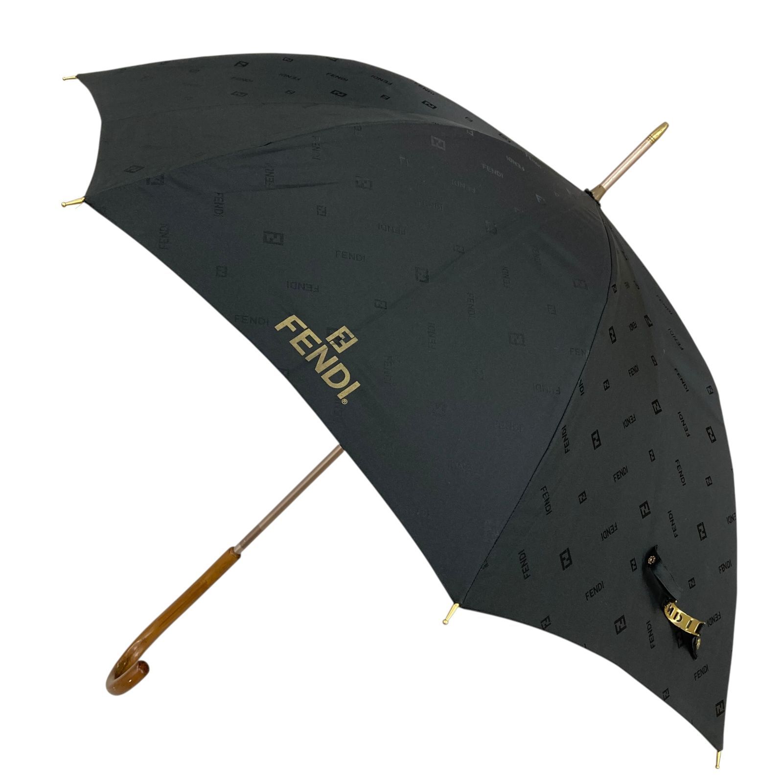 【フェンディ】本物 FENDI 傘 ズッカ柄 FF模様 全長93cm 黒色系 ロゴモチーフ 雨傘 アンブレラ 雨具 長傘 メンズ レディース