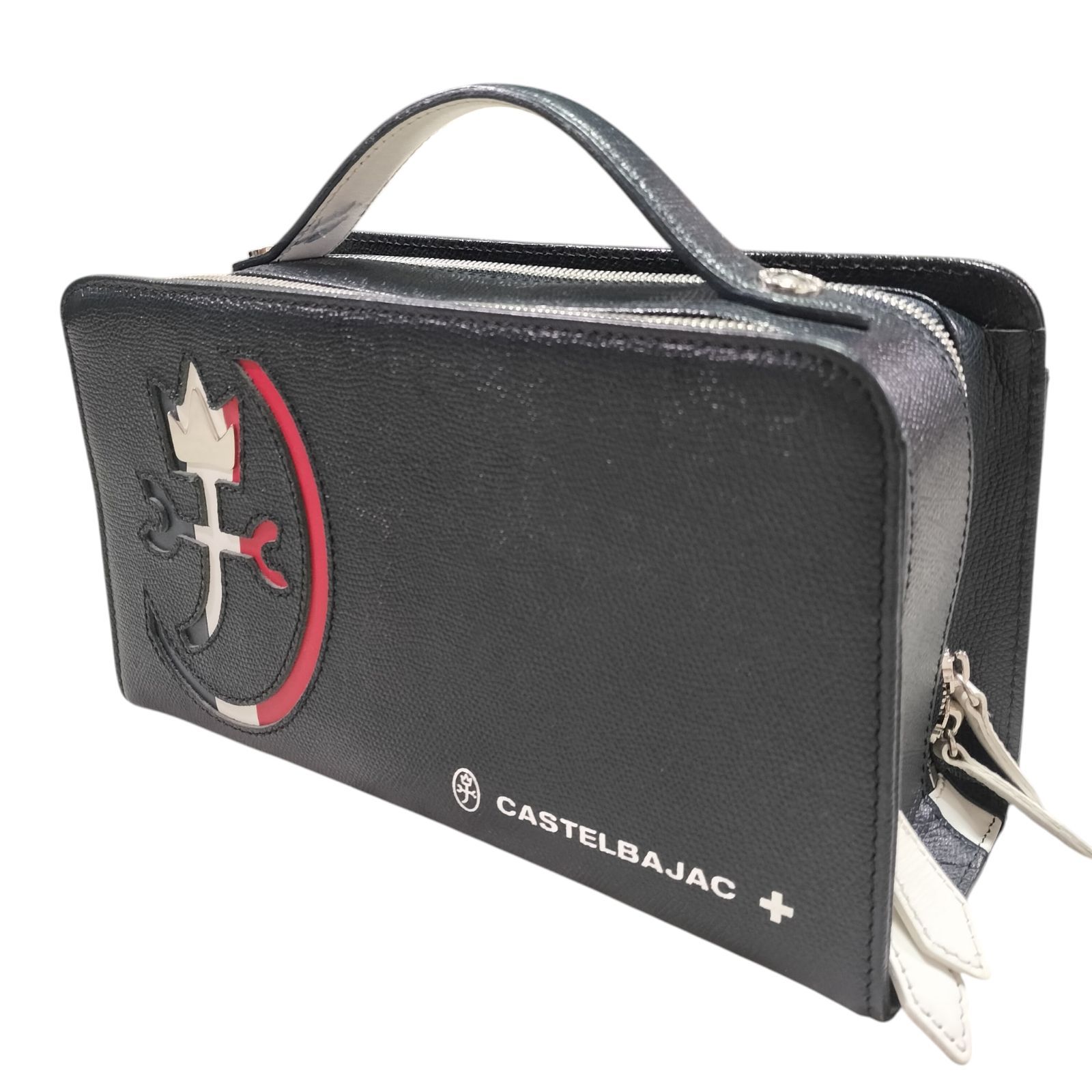 【美品】CASTELBAJAC カステルバジャック カルネ Wファスナーセカンドバッグ 032212 ブラック レザー 牛革 エンボス加工 2層式 日本製 トリコロールカラー 王冠 メタルパーツ シルバー王冠プレート