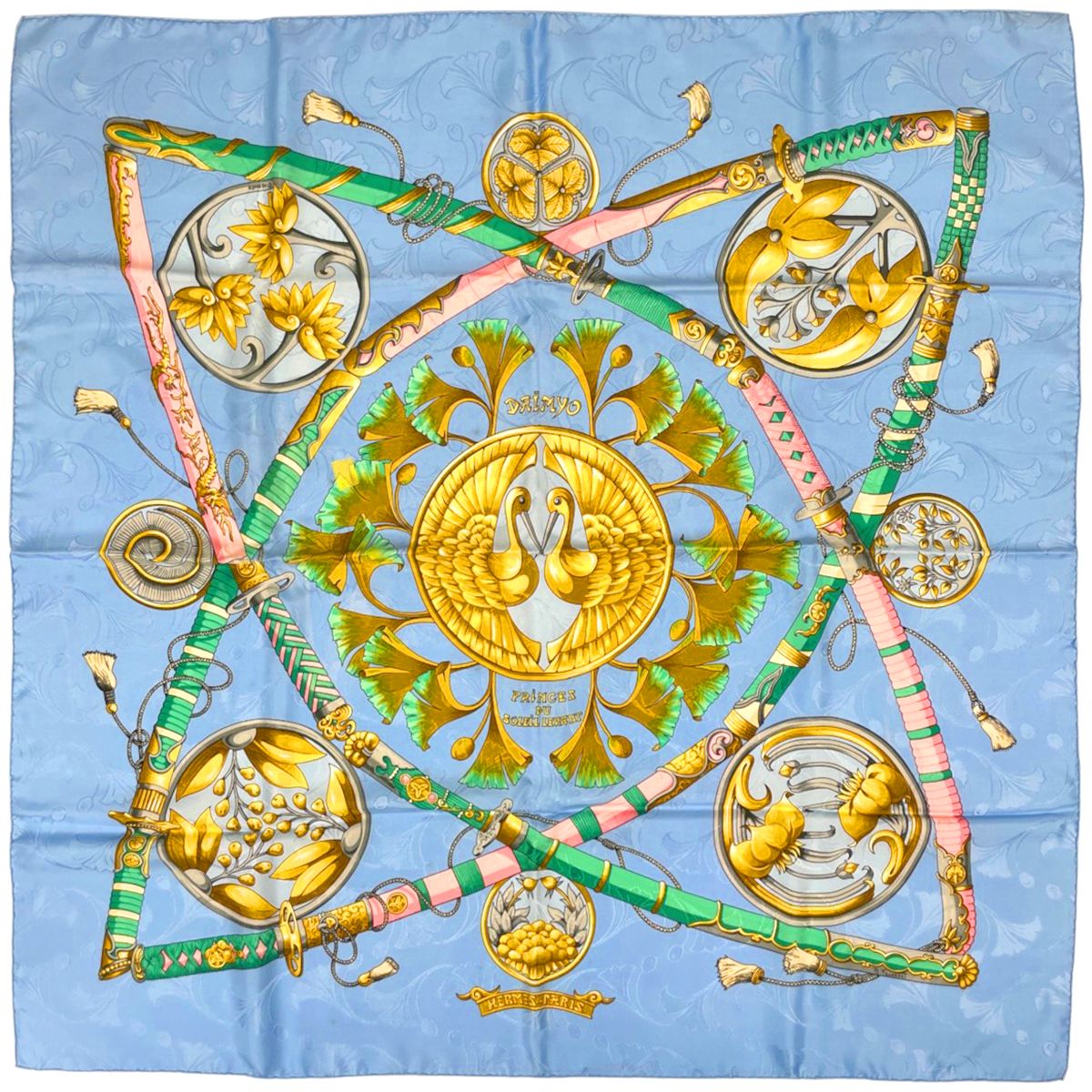 エルメス HERMES カレ90 DAIMYO PRINCES DU SOLEIL LEVANT スカーフ 日出る国の皇子 シルク ブルー マルチカラー レディース 【中古】